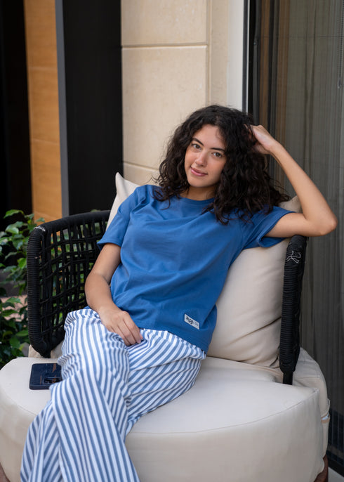 Women summer pajama set Indigo Tee + White X Indigo Stripes Pants